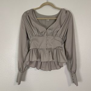 Jason Wu | Satin Babydoll Deep Plunge Peasant Sleeve Peplum Blouse